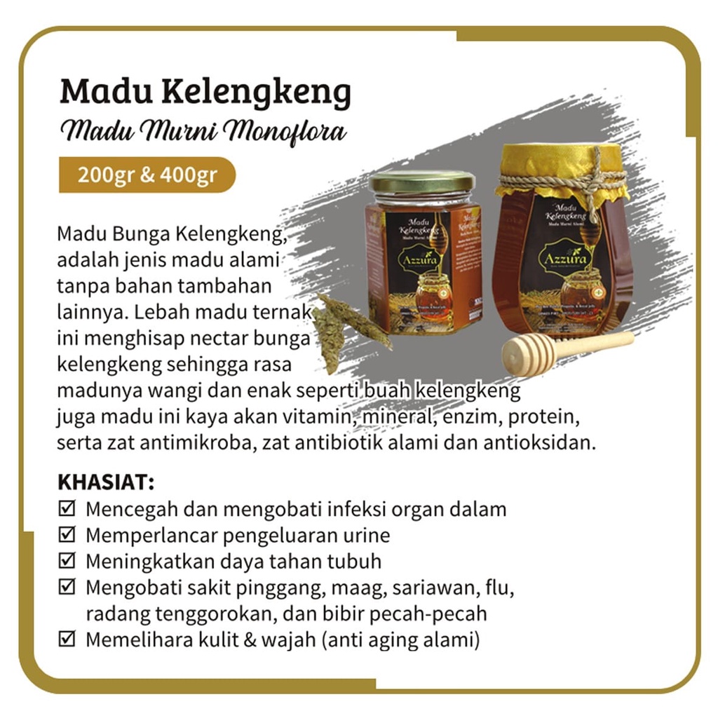 

Madu Murni Kelengkeng Madu Azzura Madu Alami Madu Herbal Meningkatkan Daya Tahan Tubuh 400/200gr