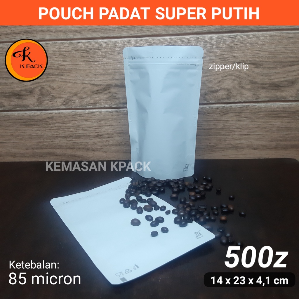 STANDING POUCH FULL FOIL PUTIH ZIPPER 500 gram
