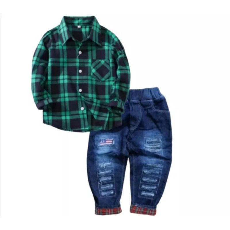 Kemaja Set | Setelan Kemeja Flanel Anak Laki-Laki 1-7 Tahun/Setelan Anak Kemeja Flanel Bawahan Jeans Denim Termurah