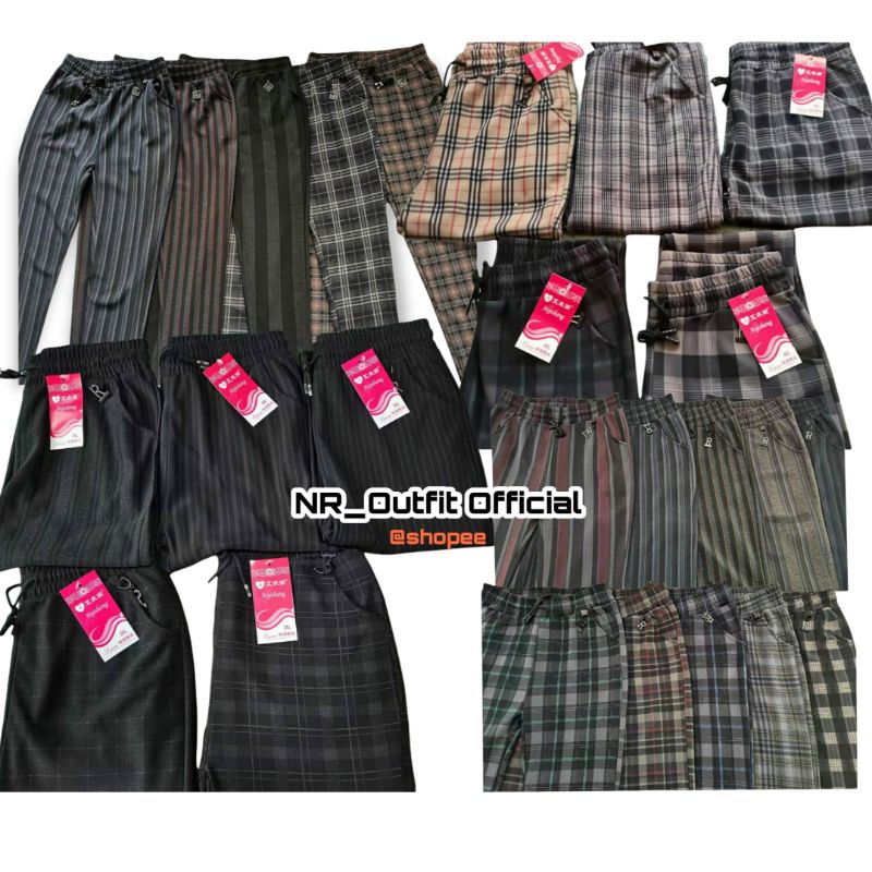 Celana Baggy Pants Wanita Motif Kotak-Kotak &amp; Salur Import Bahan Stretch Melar Fit To 3XL-4XL