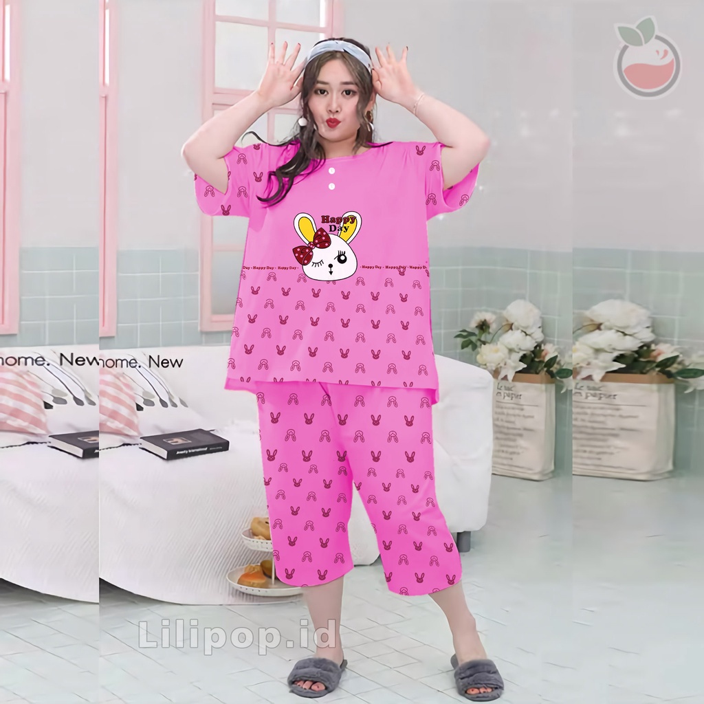 Lilipop.id  Baju Tidur Wanita Happy Day 3/4 Jumbo Celana Pendek XXXL Baby Doll Bahan Kaos