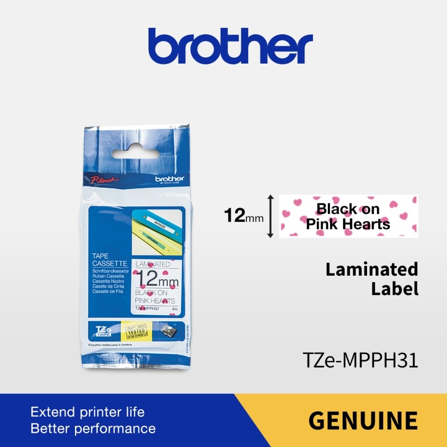 

Brother Color Tape TZE-MPPH31 12mm Laminated Black On Pink Heart