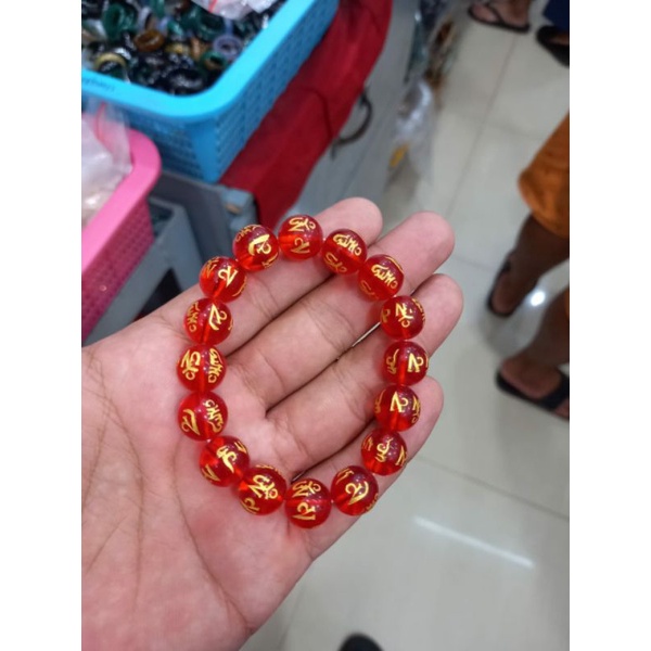 Gelang Batu Giok Mantra Budha Asli Warna Merah