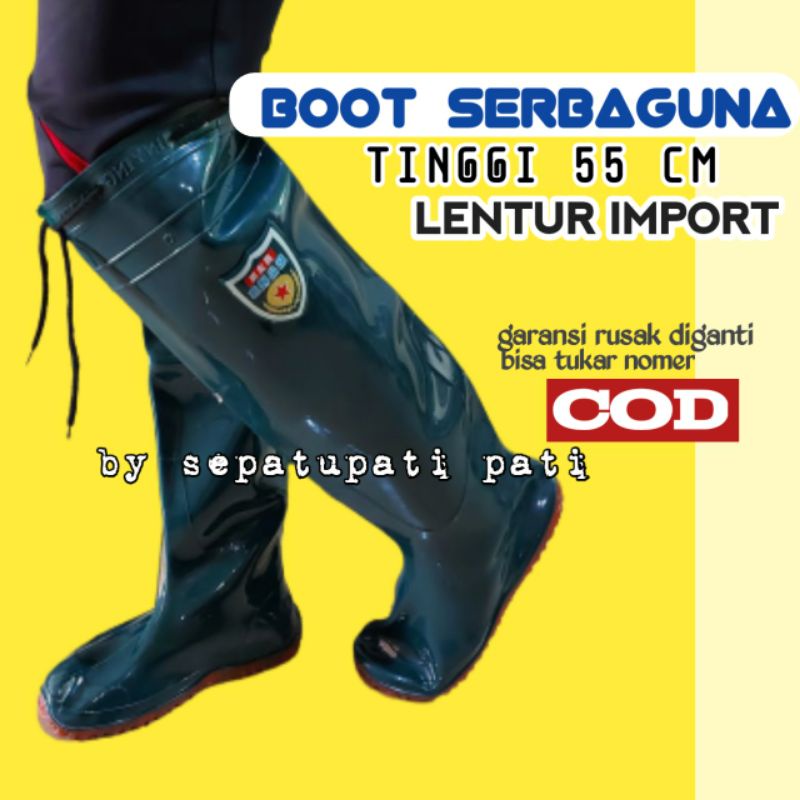 SEPATU BOOT BOOTS BUT PRIA WANITA DEWASA KARET SAWAH PETANI LADANG RAWA TAMBAK MANCING KEBUN PANTAI PASAR CUCI MOBIL PANJANG 55 CM BUKAN AP MURAH IMPORT LENTUR KARET ANTI AIR BANJIR SLIP TANPA SAMBUNGAN