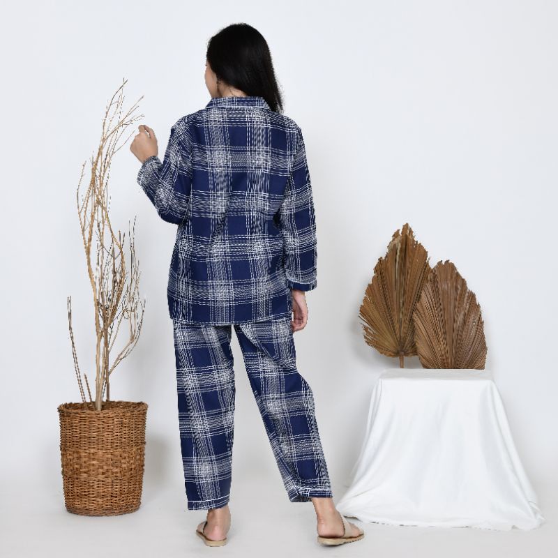 Baju Tidur Piyama Wanita/Cewek Pajamas Dewasa Katun Motif Kotak Guillen PP Lengan Panjang Kekinian