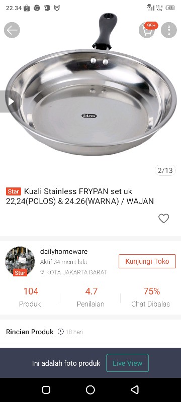 Kuali Stainless Frypan Set Uk 22,24(polos) & 24.26(warna) / Wajan Pengorengan / Pegangan Anti Panas
