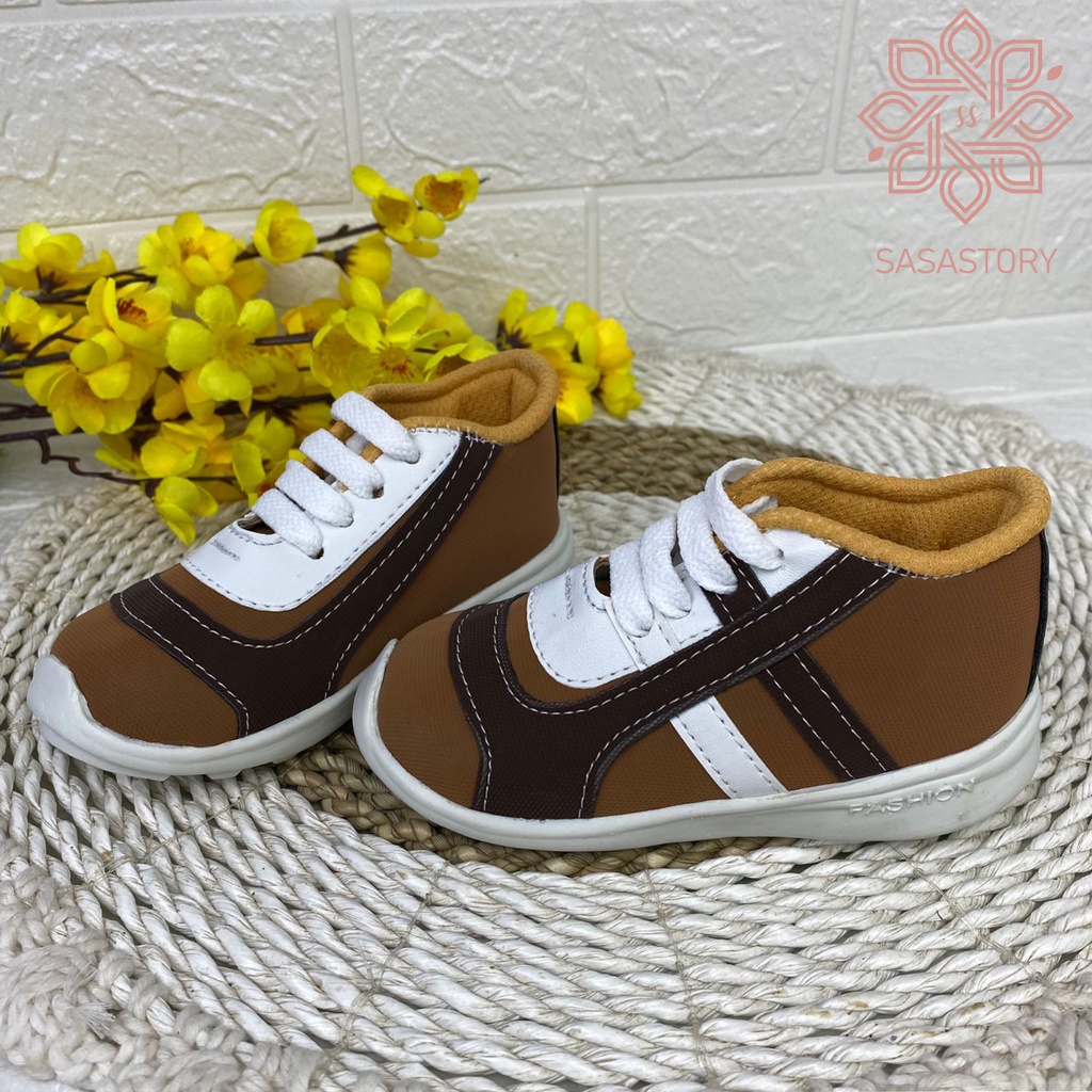 [TAMAN SEPATUKU] SEPATU SNEAKER COKLAT GARIS ANAK LAKI 1 2 3 TAHUN FAX29