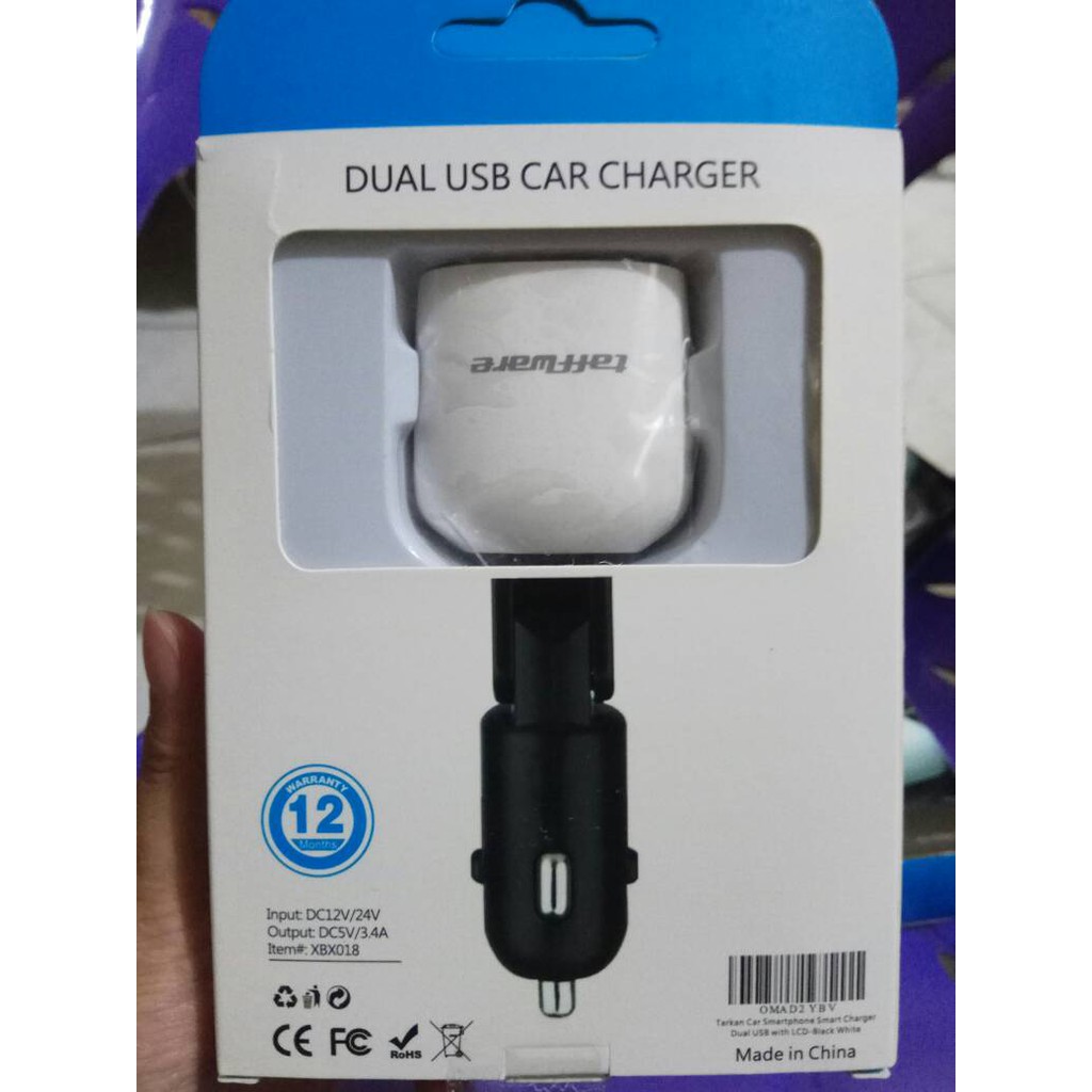 Car Charger Dual USB with LCD &amp; Voltmeter Black White - Taffware