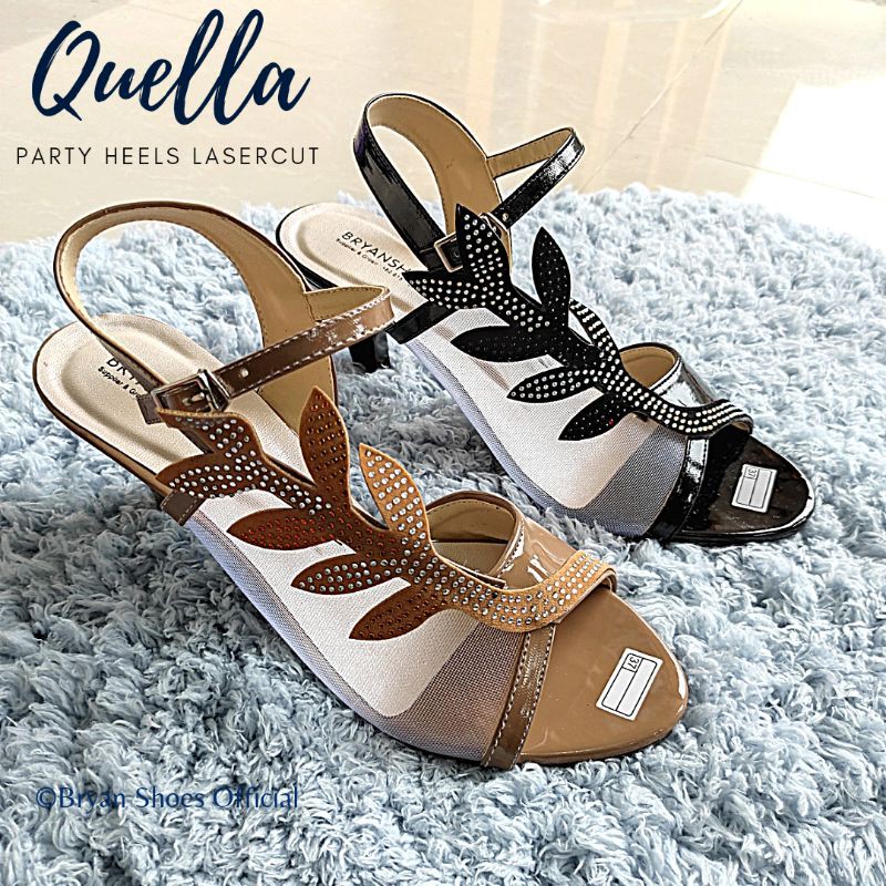 Bryan Quella Heels Pesta Lasercut Daun Permata 7cm 9cm unik Bigsize Oversize Jumbo 36-40 41 42 43