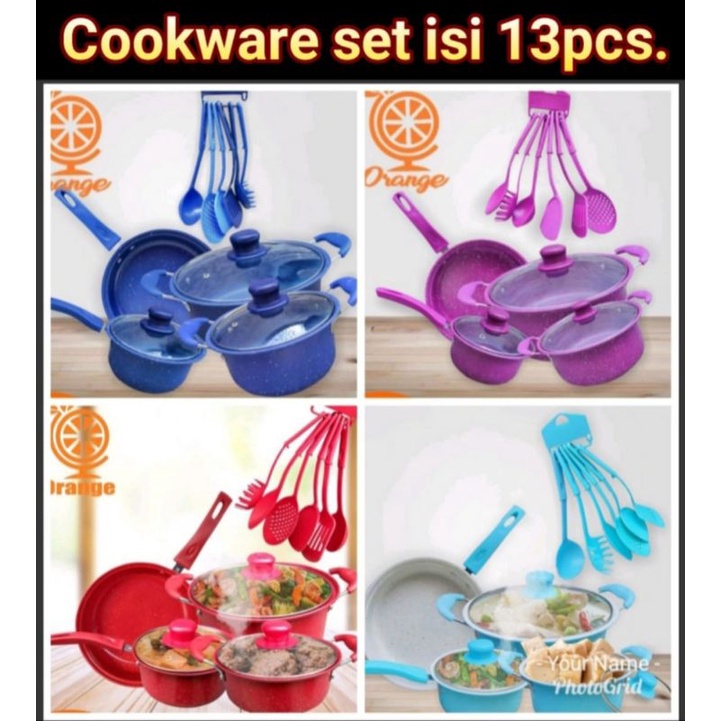 Panci Set Teflon Marble 13 pcs Cookware Set Tutup Kaca merk orange