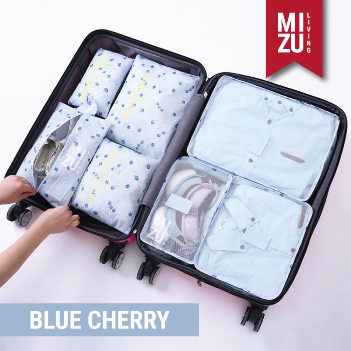 SECRET POUCH Travel Packing Cubes 7in1 Storage Bag Organizer Tas Koper MOTIF-BLUE Cherry