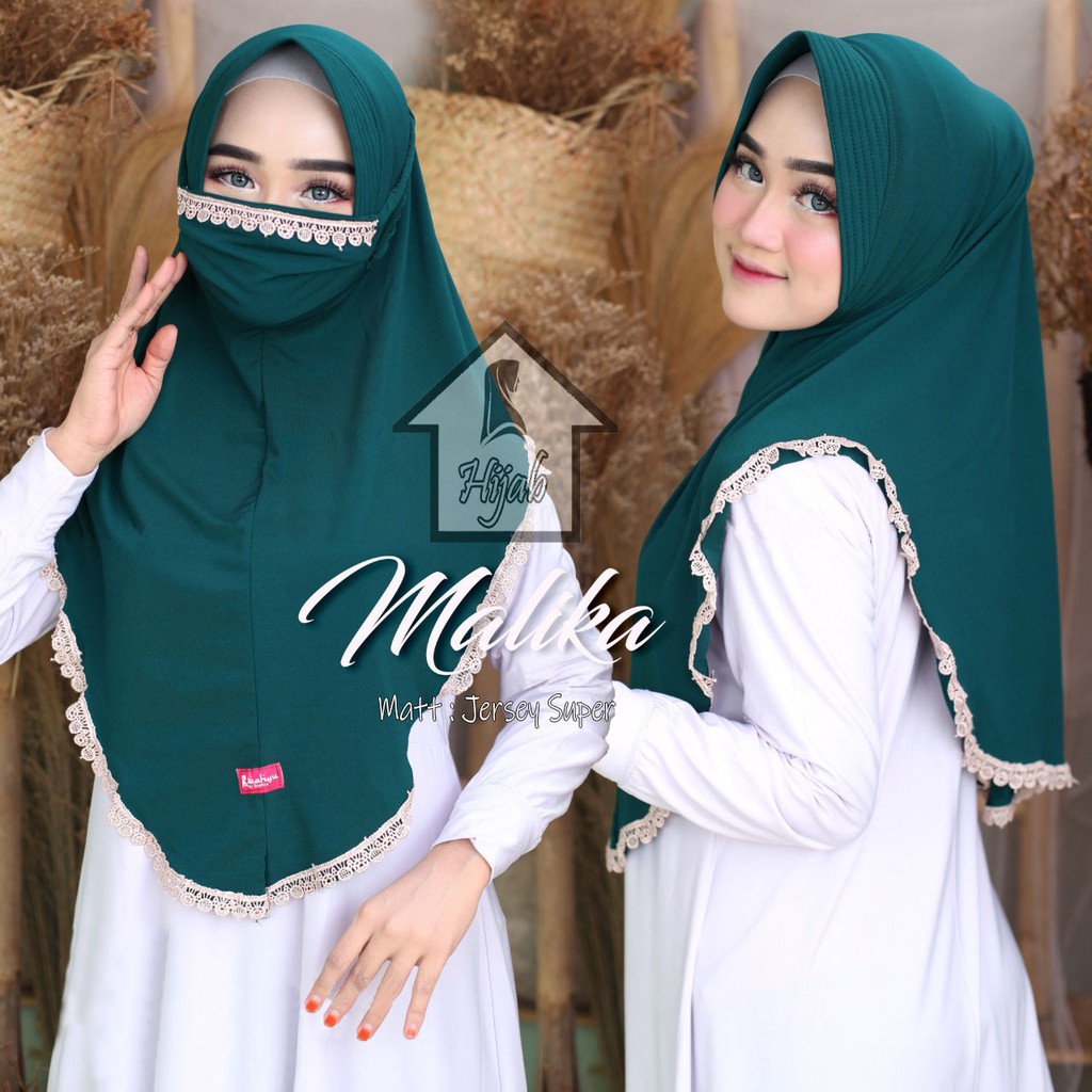 GROSIR Jilbab Instan Terbaru Hijab Masker Jersey Premium  Kerudung Masker Renda Malika RUMAH HIJA'B-Hijau Botol