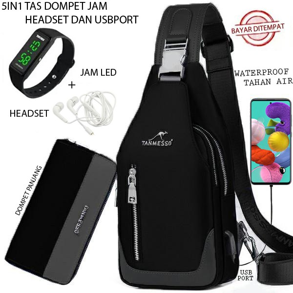 TANMESSO 5IN1 BAYAR DITEMPAT-BONUS JAM LED,DOMPET &amp; USBPORT&amp;HEADSET- TAS SELEMPANG PRIA