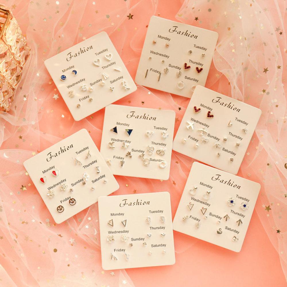 Timekey 6 Pasangset Anting Tusuk Silver Wanita Hias Berlian Imitasi Gaya Korea Untuk Hadiah A6K4