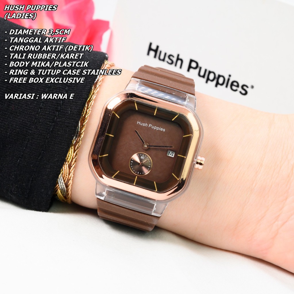 JAM TANGAN WANITA HUSH PUPPIES TALI RUBBER BODY SEGI TANGGAL &amp; CHRONO AKTIF