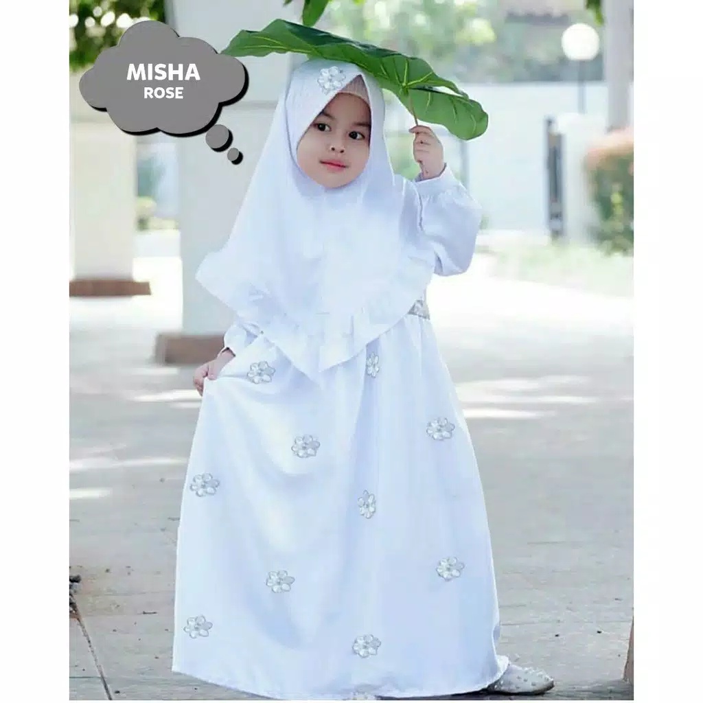 Hadinia Gamis Anak Putih Terbaru (Free Jilbab) MISHA ROSE Gamis Syari Set Khimar Anak Usia 2 - 10 Ta