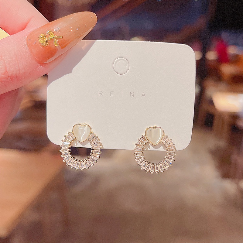 Anting Stud Zircon Bentuk Lingkaran Hati Bahan S925 Silver Needle