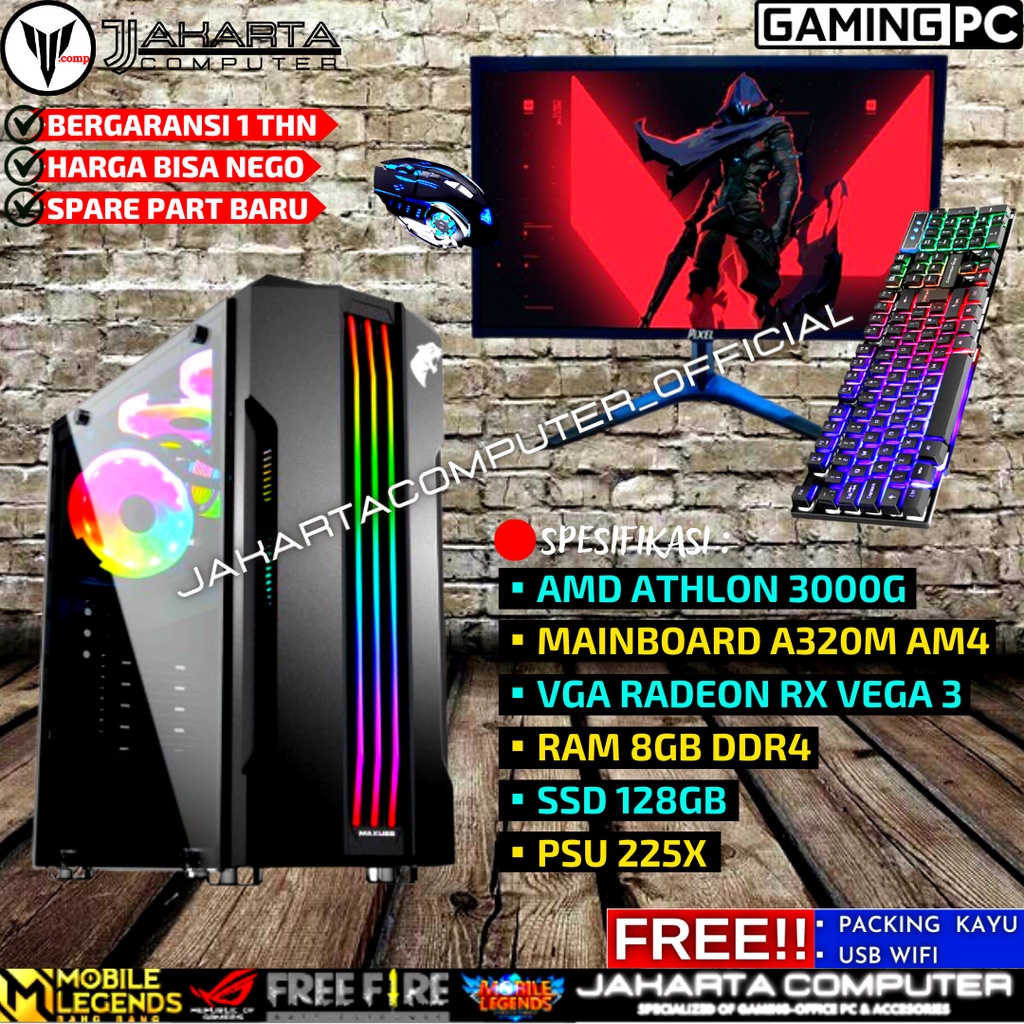 pc gaming rakitan fullset amd athlon 3000g ram 8gb ddr4 ssd 128gb siap pakai editing