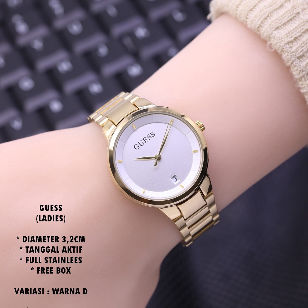 (BISA COD) JAM TANGAN WANITA GUESS RANTAI BODY BULAT TANGGAL AKTIF