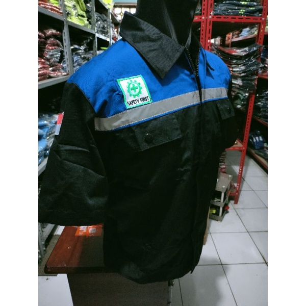 BAJU SAFETY HITAM BIRU RESLETING LENGAN PENDEK