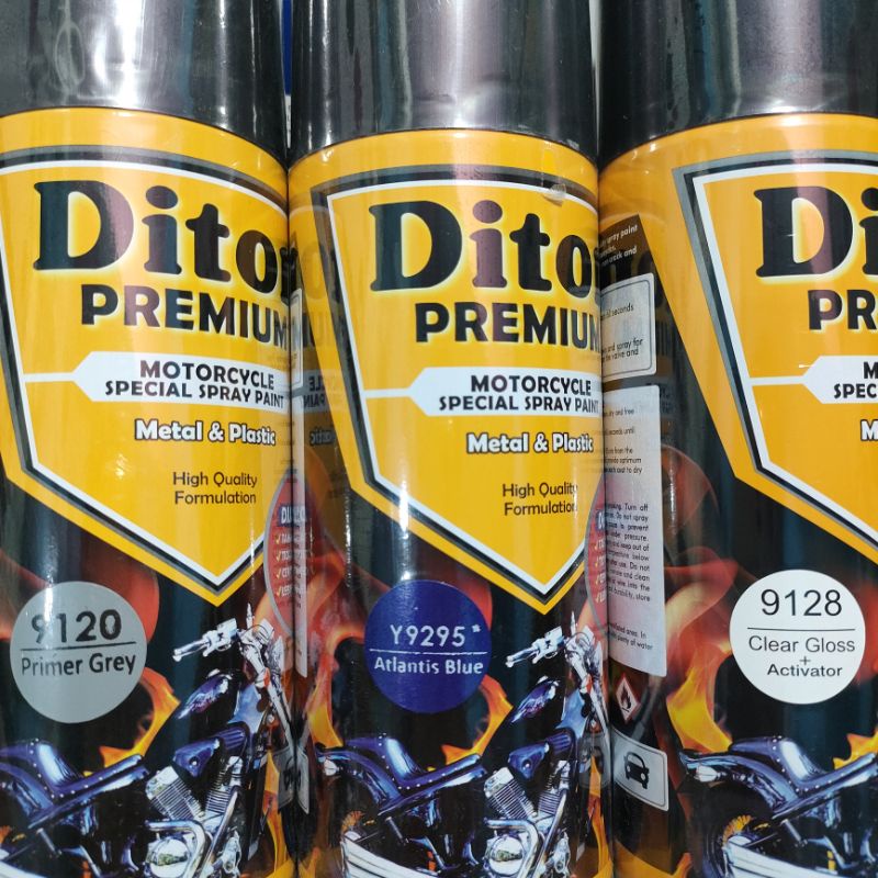 Pilok Paket Lengkap Cat Diton Premium Primer Grey 9120 Atlantis Blue Y9295 9295 Clear Gloss 9128 400cc.. Pilok Paketan Atlantis Blue Cat Semprot Diton Premium 400cc