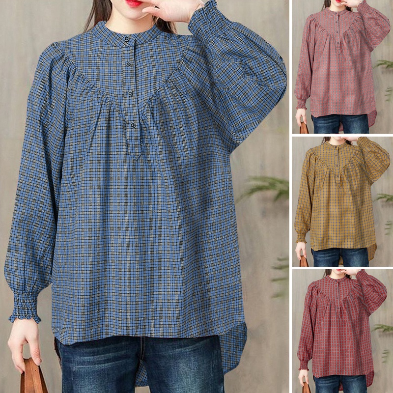 ZANZEA Women Long Sleeve Elastic Cuffs Fashion Grid Printed Casual Blouse