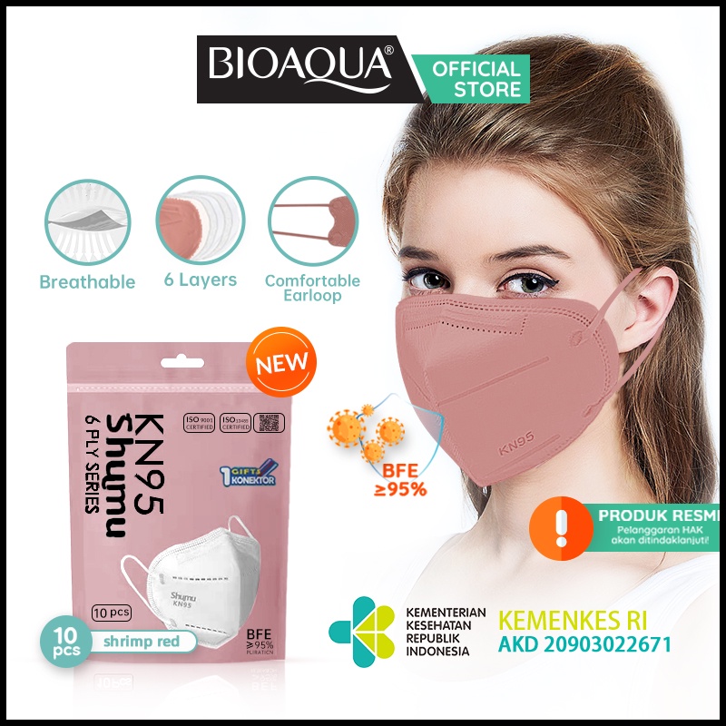 BIOAQUA x SHUMU Masker N95 KN95 6Ply Disposable Earloop Masker Kesehatan Face Mask Kf94-KN95 shrimp red