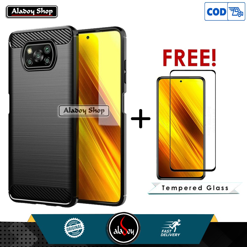 Case Xioami Poco X3 NFC Softcase Carbon Casing + Tempered Glass