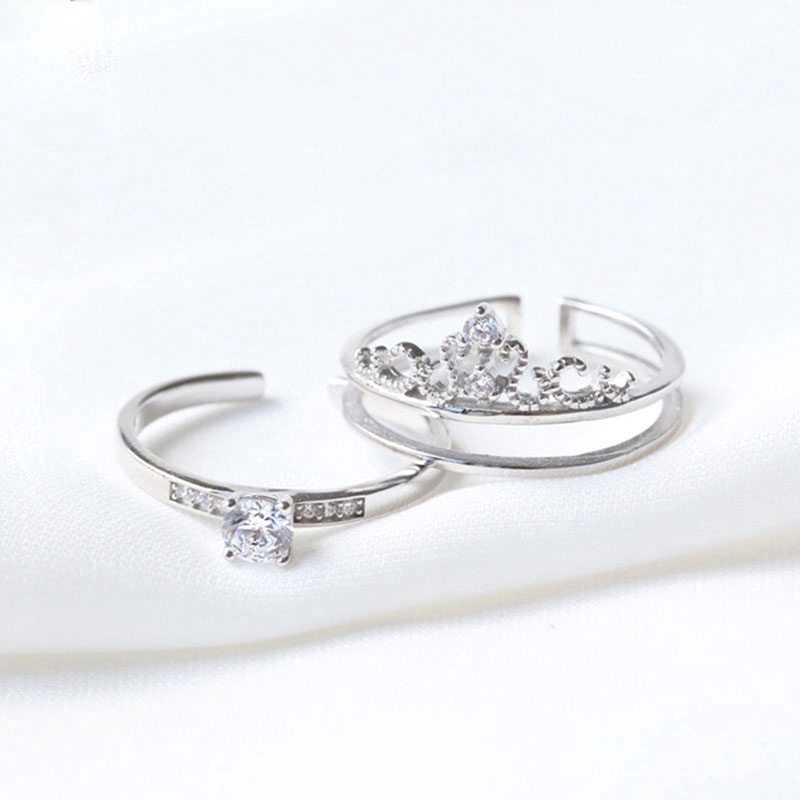 2Pcs Cincin Kristal Zircon Warna Silver untuk Wanita