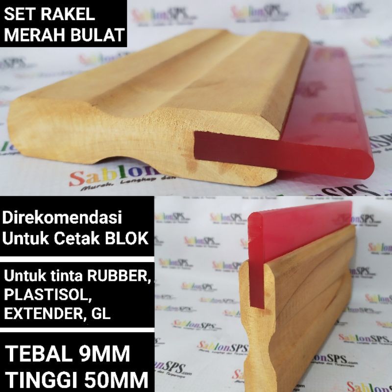 RAKEL SABLON MERAH BULAT 9X50MM SET GAGANG KAYU P. 15CM