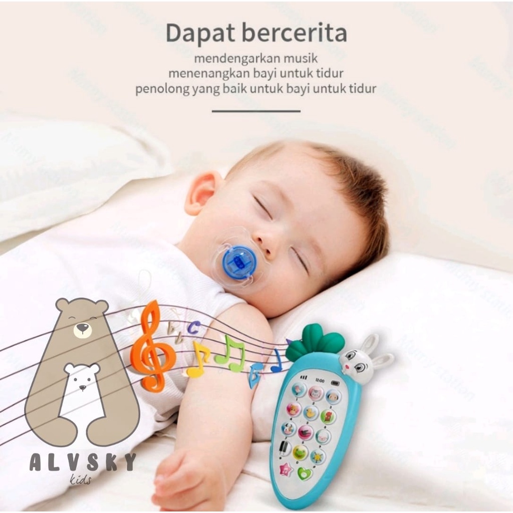 MAINAN EDUKASI ANAK BAYI HANDPHONE BUNYI TELEPON SILIKON BENTUK WORTEL KELINCI