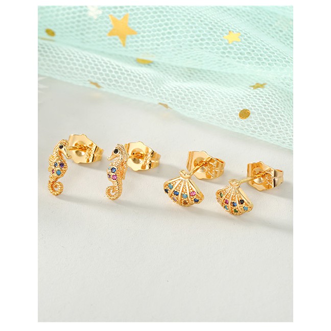 LRC Anting Tusuk Fashion Golden Zircon Shell Stud Earrings D67293