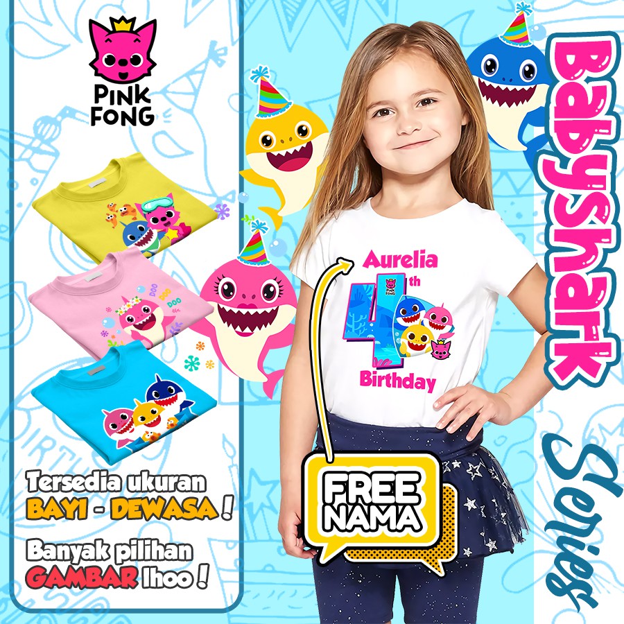 [FREE NAMA!!] Baju Kaos COUPLE  ANAK DAN DEWASA BABY SHARK ULTAH ULANG TAHUN