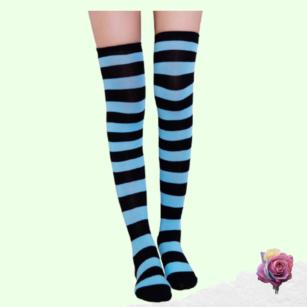 Kaos Kaki Wanita Over Knee Socks Kaos Kaki Sepaha Motif Belang-Belang Kaos Kaki Panjang-Sapphire  X Black