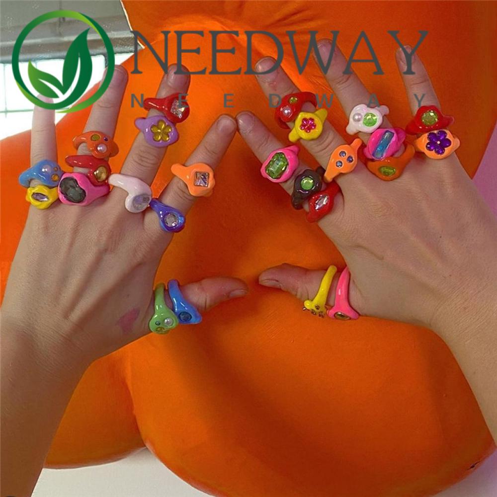 Needway  Geometric Acrylic Rings Cute Crystal Resin Ring Set Punk Candy Color Korean 4pcs/set For Women Fashion Jewelry