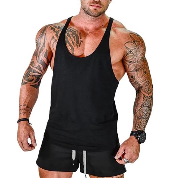 Singlet Tali Kecil Polos Oversize Pria / Kaos Gym Tanpa Lengan - Hitam