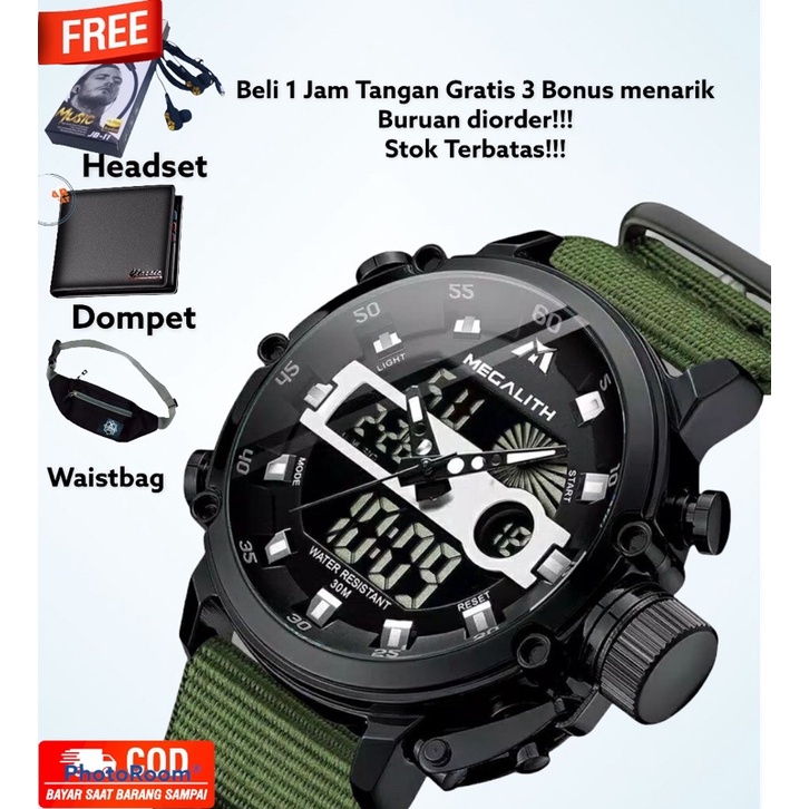 Jam Tangan Megalith Pria Original Led Sport Quartz Multifungsi Free Dompet, Headset, Waistbag Cod