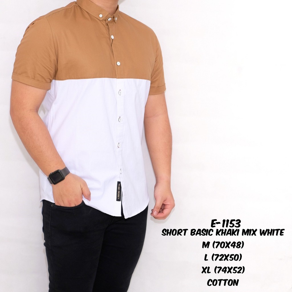 Credomenstore Kemeja Polos Pria Lengan Pendek Cream Kombinasi Putih