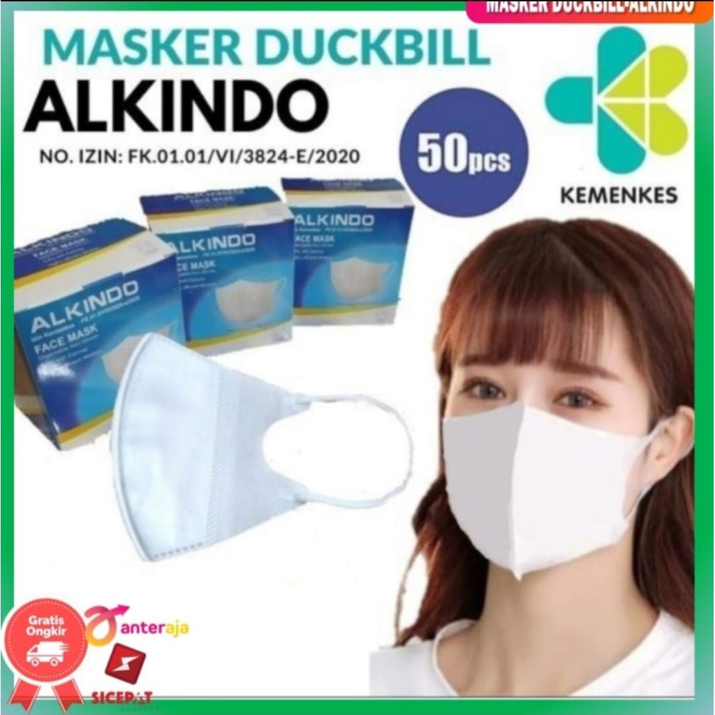 Masker DUCKBILL ALKINDO Putih Hitam 3 Ply Earloop Premium High Quality Per Box Isi 50pcs