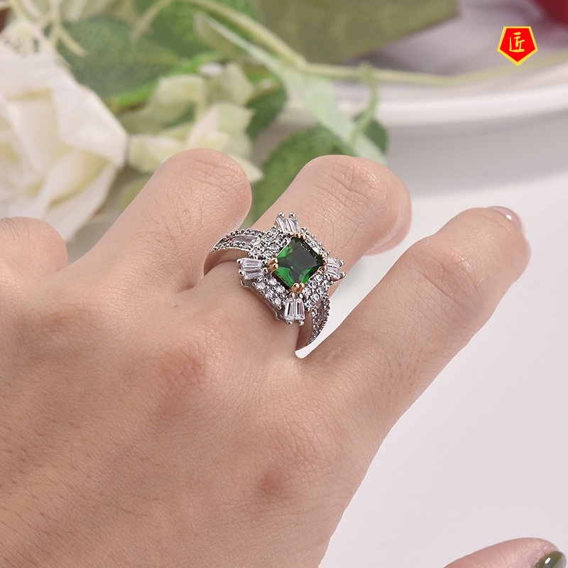 [Ready Stock]Inlaid Green Moissanite Square Ring Simple Fashion