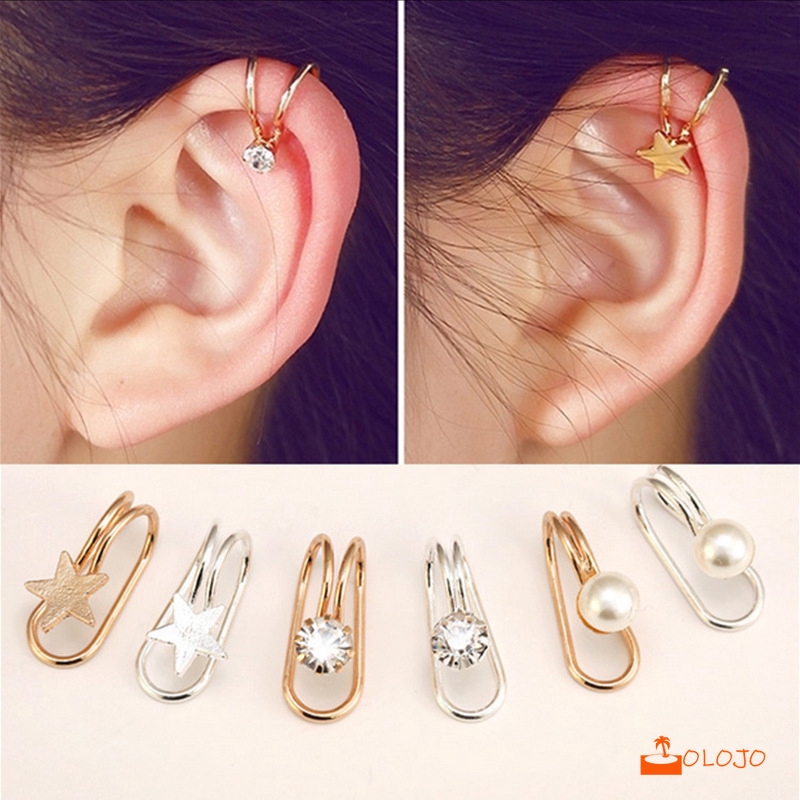 OLOJO Korea Dari Klip Telinga Kreatif Berlian Tunggal Anting Berbentuk U Bintang