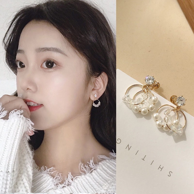 Roselife S925 Silver Pearl Crystal Beaded Round Dangle Earrings for Women Girls 1 Pair-1