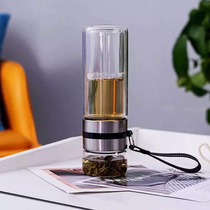 Botol Tumbler Infuser Saringan Teh Stainless 400ml Silver