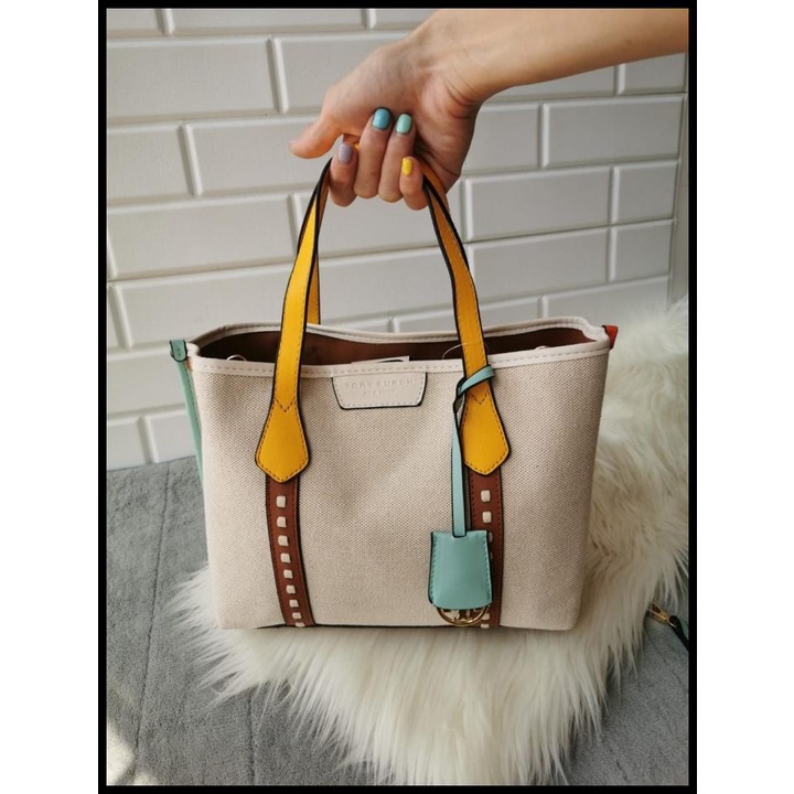 Bag Canvas - Tory Burch Perry Canvas Medium Tote Bag Tas Wanita Premium Quality