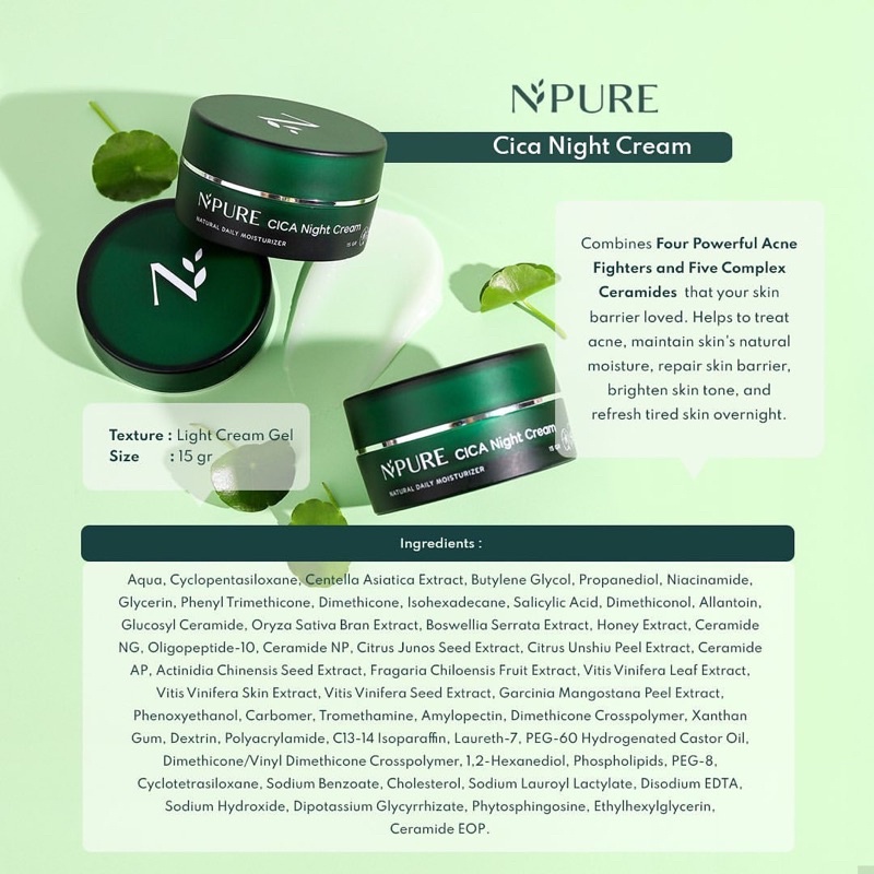 NPURE Day and Night Cream Centella Asiatica Moisturizer 15gr (CICA series) Krim wajah,Penghilang Jerawat,Obat Jerawat