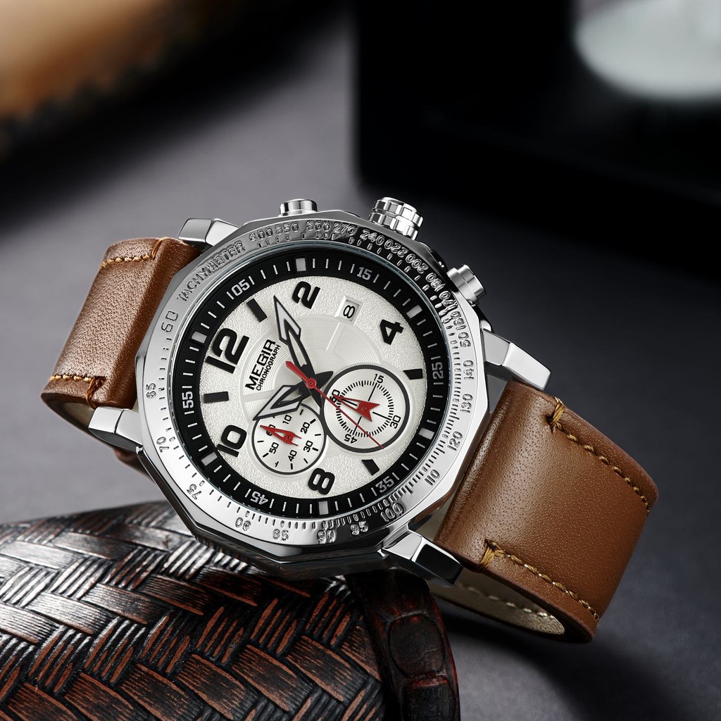 MEGIR 2048 Jam Tangan Pria Analog Chronograph Tali Kulit WATCHKITE WKOS