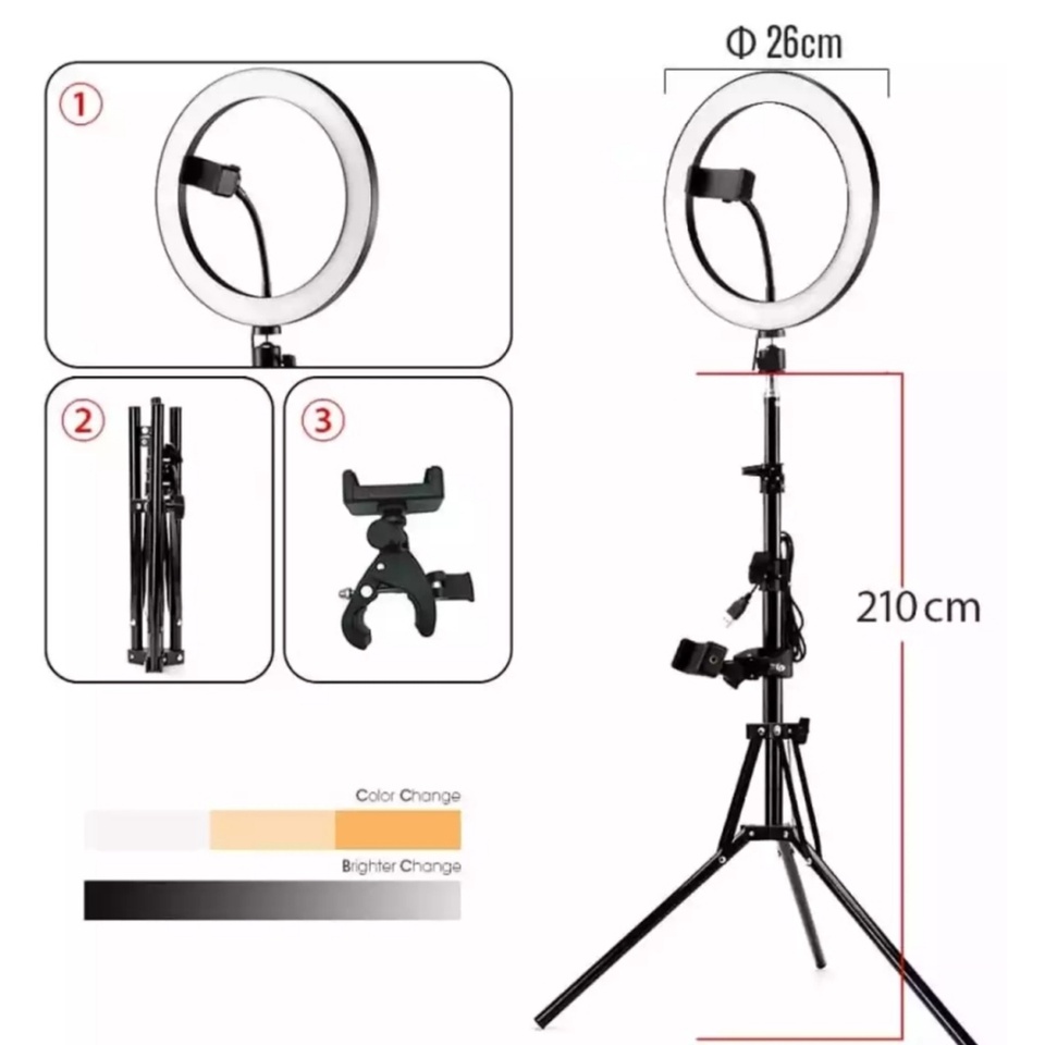 Paket Komplit Lampu Ring Fill Light 26 CM Plus Tripod 210 CM Plus Holder Phone-Tripod 210 Cm+Ring Light Selfie-Vlogger-Youtebe-Live Streaming 1 Set Ring Light Besar 26CM