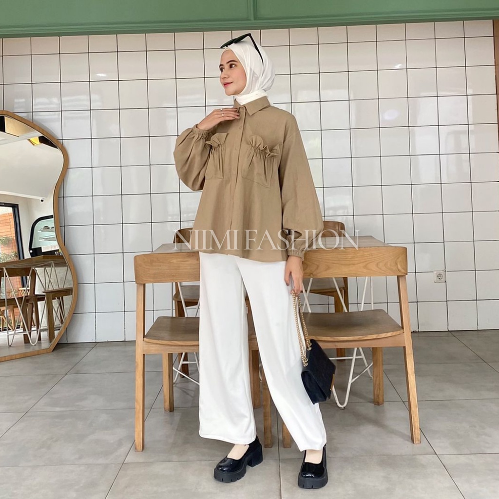 NIMI - Daily Shirt Kemeja Wanita Lengan Panjang Kekinian Crincle Linen Rami