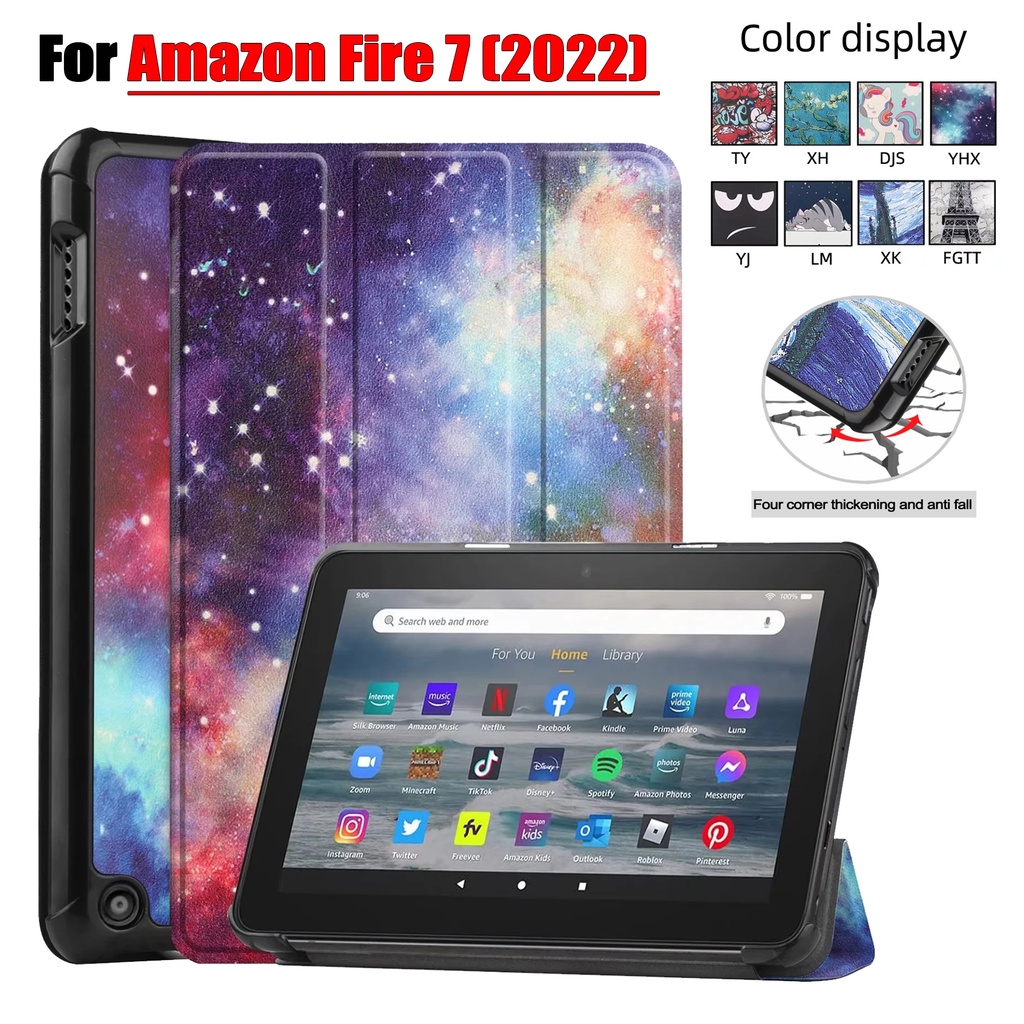 Casing Untuk Amazon Fire7 (2022) 7.0 &quot;Fire7 2022tablet Stand Case Fashion Motif Dicat Tiga Lipat Custer Flip Book Holder Leather Cover