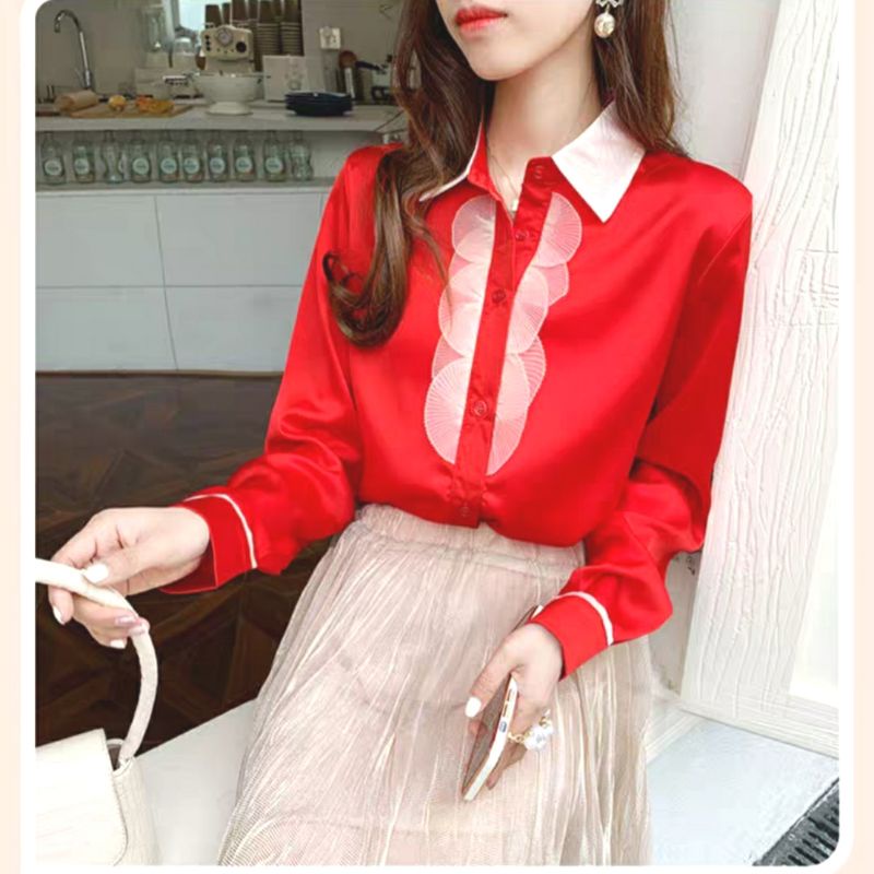 MDLV ~ 0949# CNY Moira Lace Placket Shirt Premium Kemeja Merah Import Fashion Import